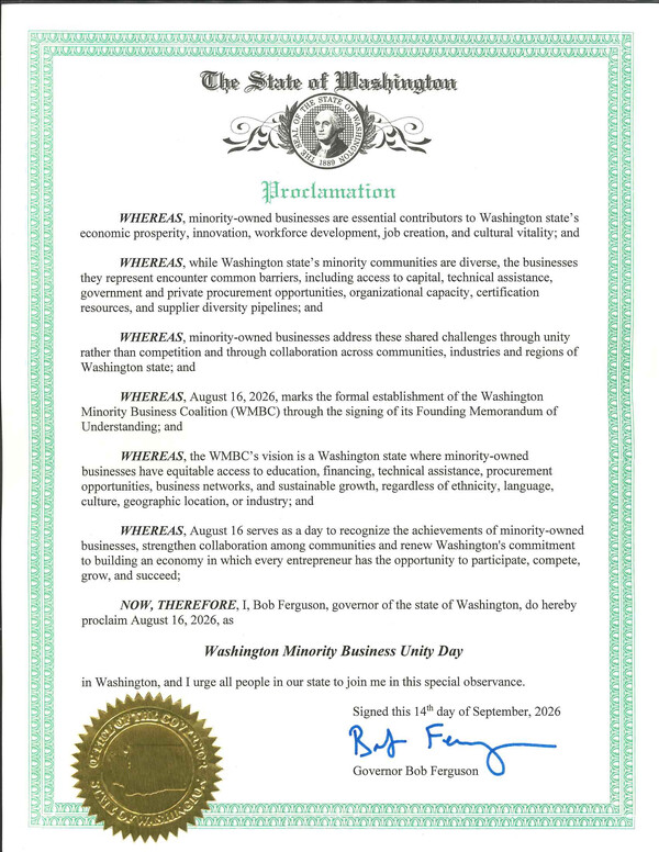 밥퍼거슨 주지사가 '8월 16일을 워싱턴 소수계 비즈니스 연대의 날(Washington Minority Business Unity Day)'로 공식 선포했다